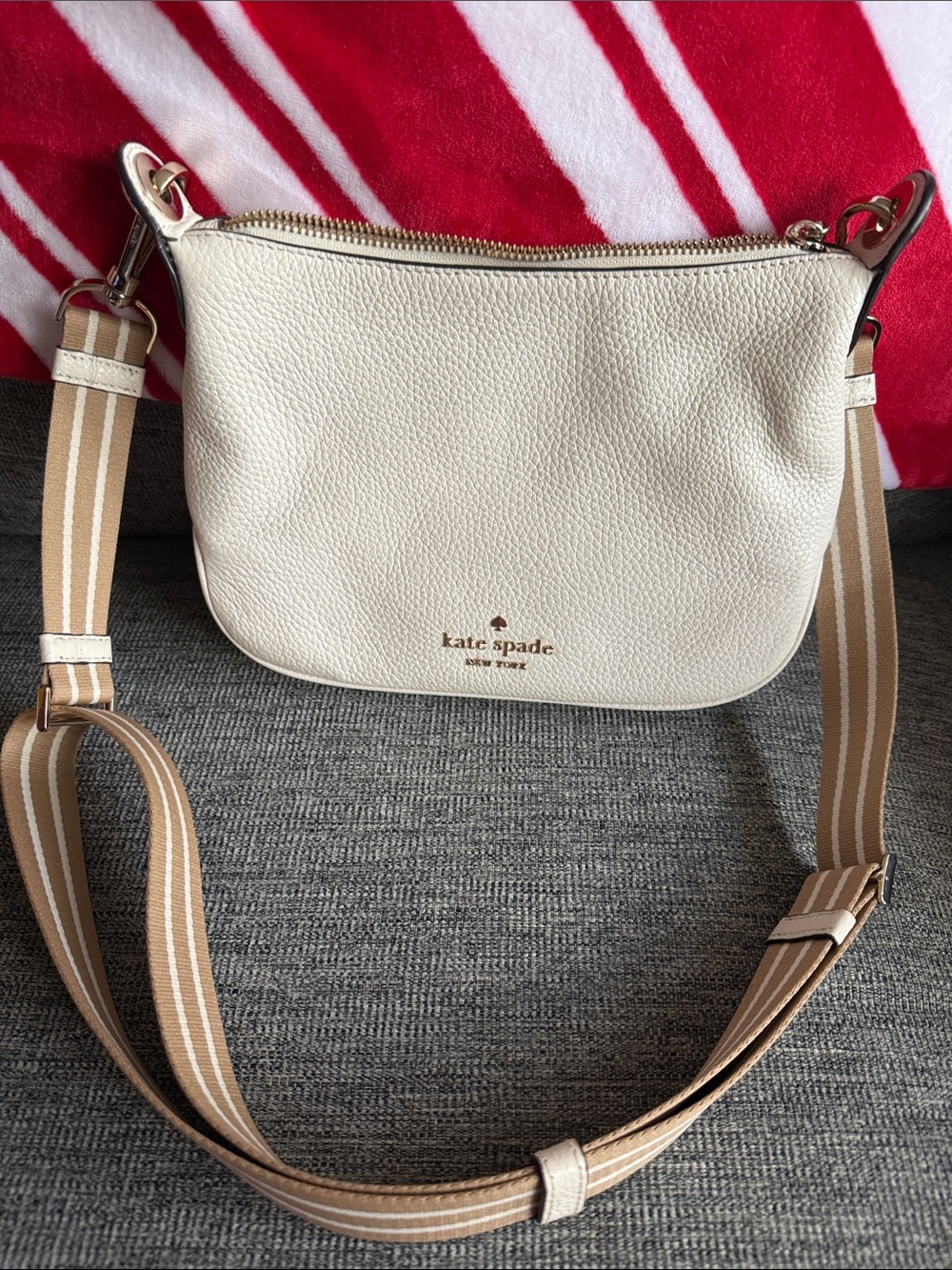 kate spade Cream Pebbled Leather Crossbody with Striped Tan Strap